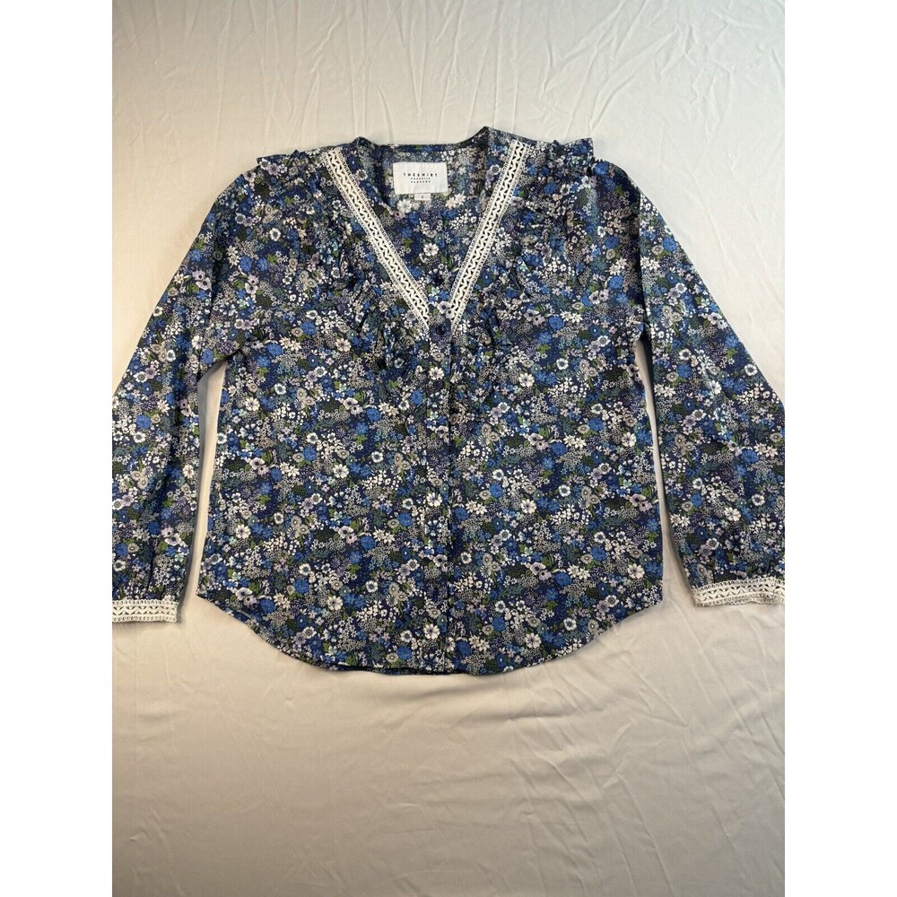The Shirt Rochelle Behrens Womens Small Long Sleeve Top Floral Blue Blouse